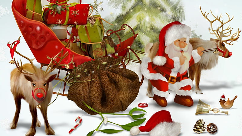 Loading Santas Sleigh, sleigh, saint nicholas, bag, santa claus, xmas, reindeer, feliz navidad, christmas, st nick, sled, hat, candycane, tree, whimsical, bird, cap, presents, gifts, rudolph, HD wallpaper