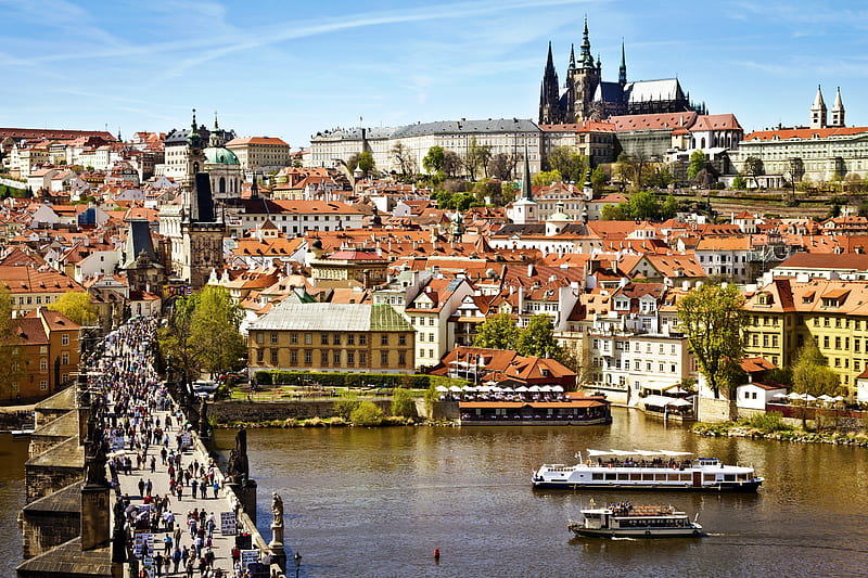 Prague, Charles Bridge, ships, czech republic, people, houses, moldava, river, castle, HD wallpaper
