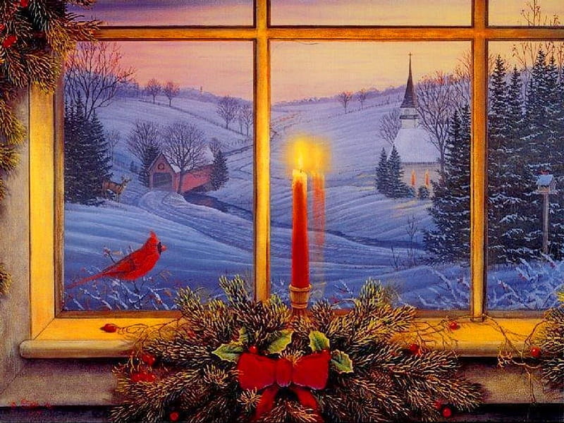 Christmas scene, colorful, house, cottage, bonito, nice, flame, painting, path, room, cozy, lovely, window, holiday, christmas, birds, new year, sky, winter, candles, tree, snow, scene, HD wallpaper