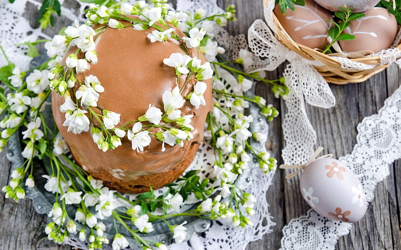 Easter, cake, eggs, flowers, HD wallpaper