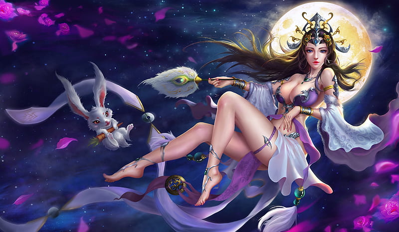 Moon goddess, frumusete, moon, luminos, goddess, hand fan, qiang li, moon, fantasy, evantai, girl, purple, bunny, petals, pink, HD wallpaper