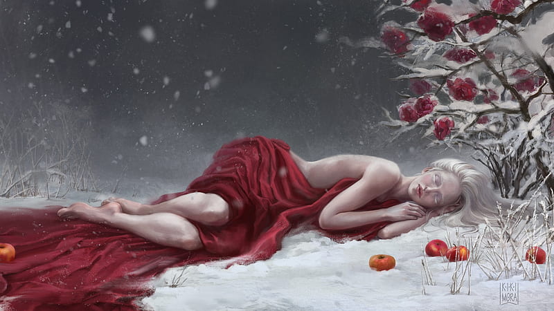 Winter Rose, apple, red, art, luminos, rose, ruit, iarna, winter, darya kikimora, fantasy, sea, girl, painting, flower, white, pictura, HD wallpaper