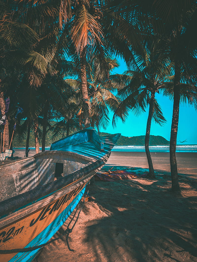 Boat on the Beach, blue, landscape, paz, sky, tropical, HD phone wallpaper
