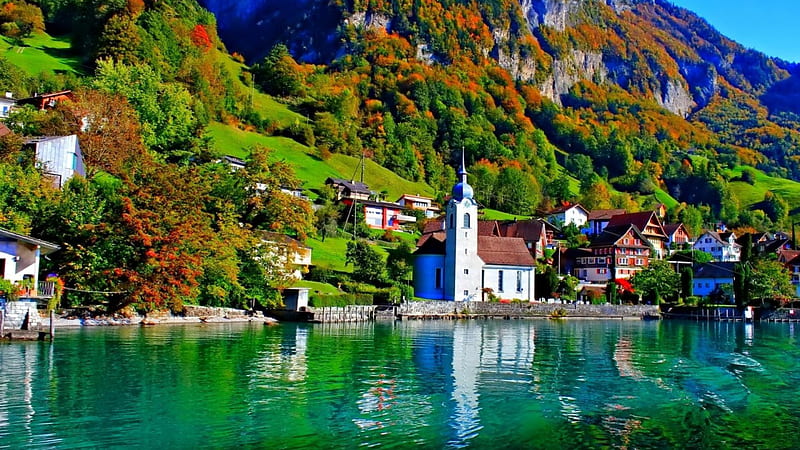 Iglesia en un pueblo frente al lago, montaña, pueblo, iglesia, árboles, lago,  Fondo de pantalla HD | Peakpx