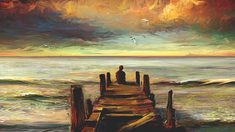 Solitude, art, pier, bonito, waves, boy, loneliness, thought, painting, pondering, pastel, rough, HD wallpaper