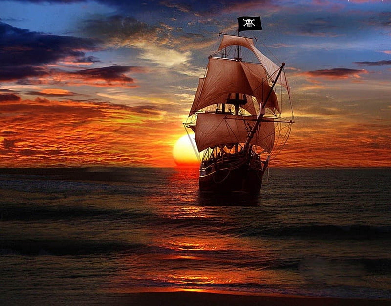 Pirates Ship On the Ocean, sun, orange, ocean, dusk, sails, sunset, waves, sky, clouds, boats, water, ship, day, nature, sailboat, blue, HD wallpaper