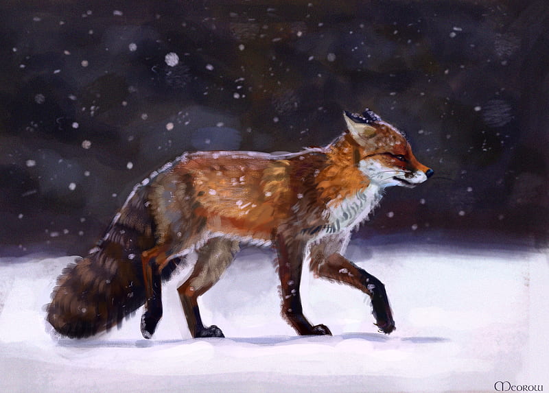 fox, snow, winter, animal, art, HD wallpaper