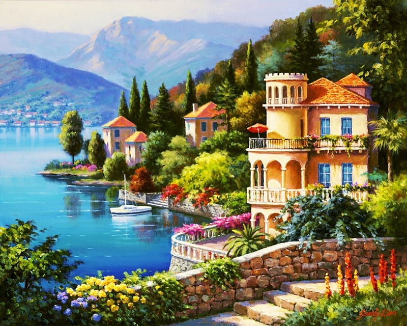 Mediterranean Coast, boat, mountains, houses, path, trees, wall, sea, HD wallpaper