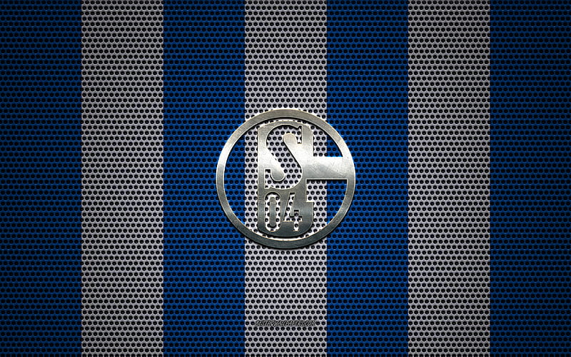 FC Schalke 04 logo, German football club, metal emblem, blue and white metal mesh background, FC Schalke 04, Bundesliga, Gelsenkirchen, Germany, football, HD wallpaper