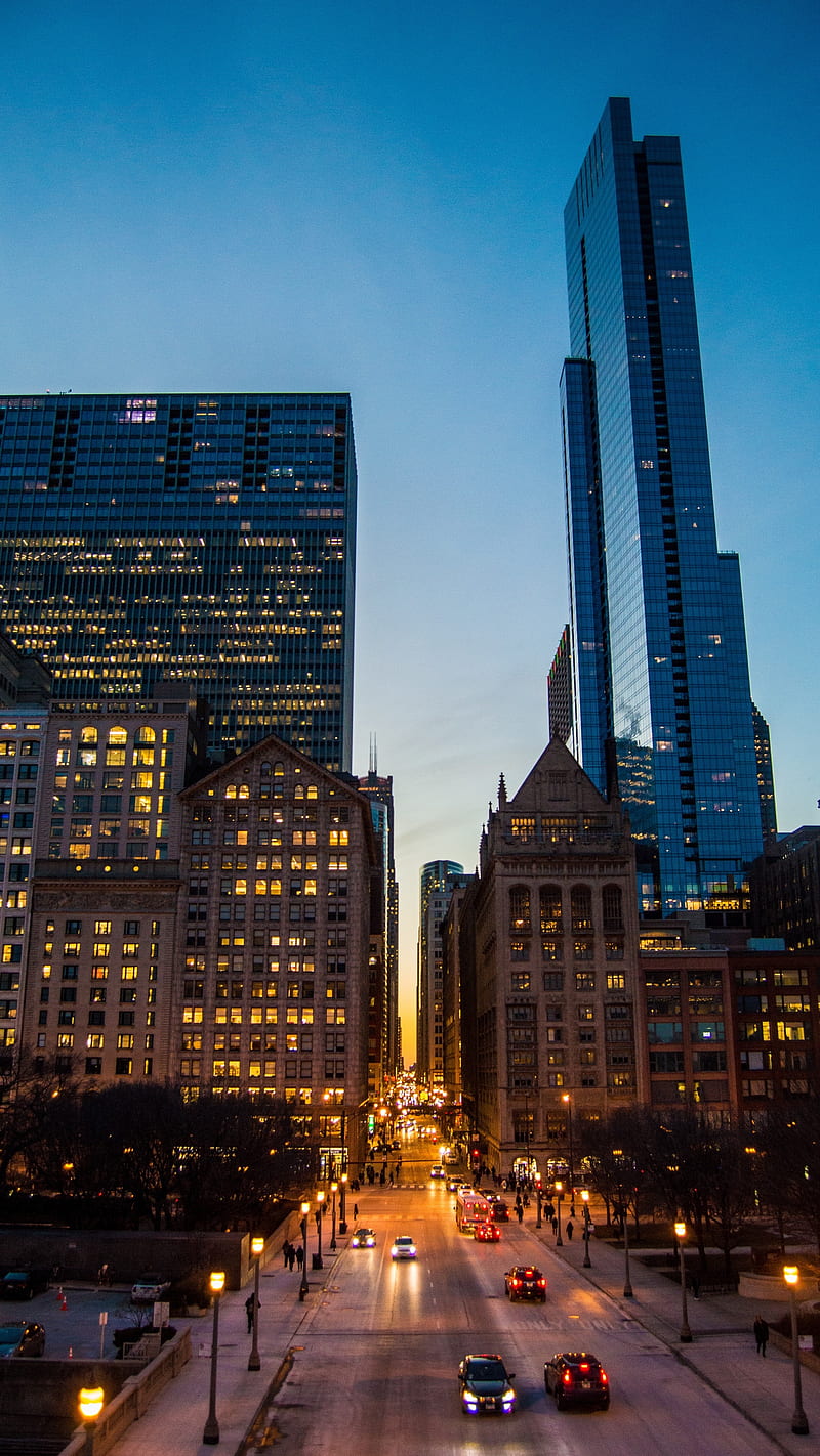 City Skyscrapers , street, architecture, buildings, traffic, city lights, road, night, HD phone wallpaper