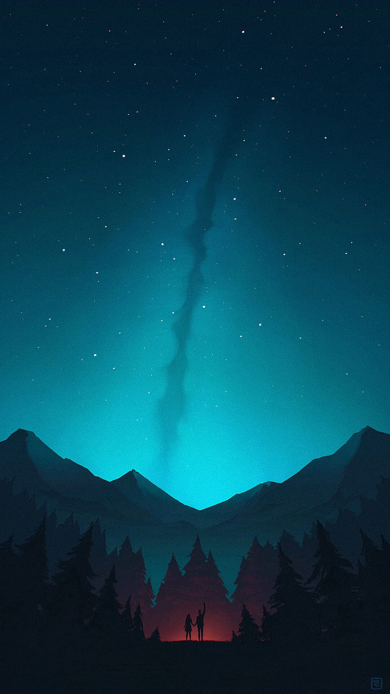 night, forest, mountains, starry sky, silhouettes, art, HD phone wallpaper