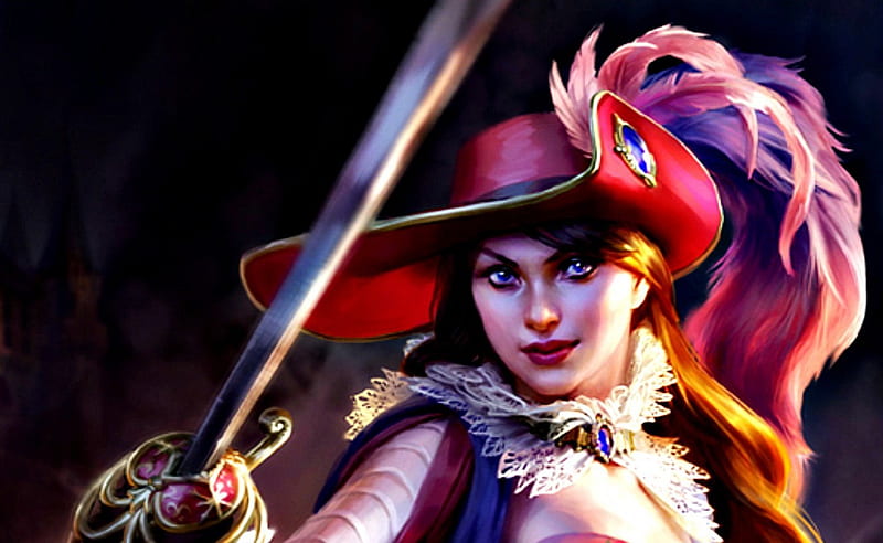 Lady musketeer, musketeer, legend of the cryptids, game, woman, hat, fantasy, girl, beauty, sword, HD wallpaper
