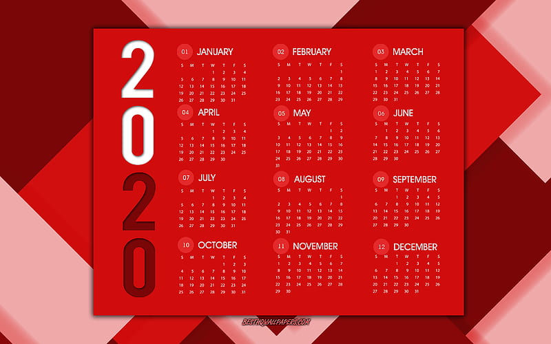 2020 calendar, red abstract background, 2020 red calendar, 2020 concepts, red creative background, calendar 2020 all months, HD wallpaper