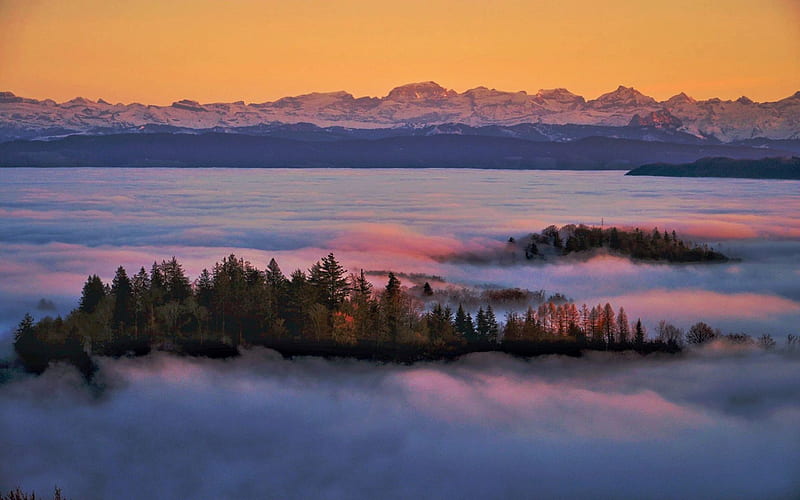 Sunset over Zurich, Switzerland, sky, clouds, fog, mountains, trees, HD wallpaper