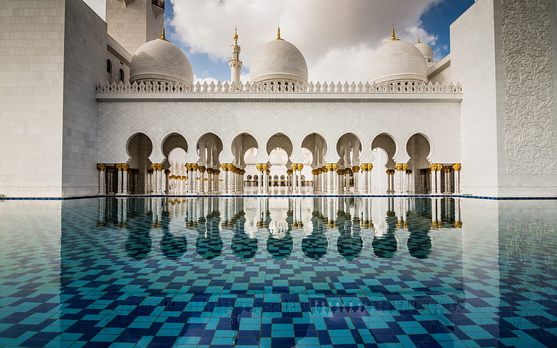 Abu Dhabi, Sheikh Zayed Mosque, fountain, inside view, Abu Dhabi landmark, UAE, United Arab Emirates, Sheikh Zayed Grand Mosque, HD wallpaper