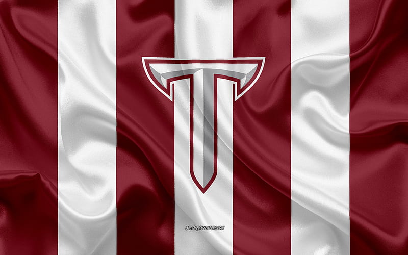 Troy Trojans, American football team, emblem, silk flag, red and white silk texture, NCAA, Troy Trojans logo, Troy, Alabama, USA, American football, Troy University, HD wallpaper