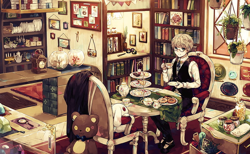 anime boy, cakes, dessert, teddy bear, rabbit, tea time, glasses, anime food, Anime, HD wallpaper