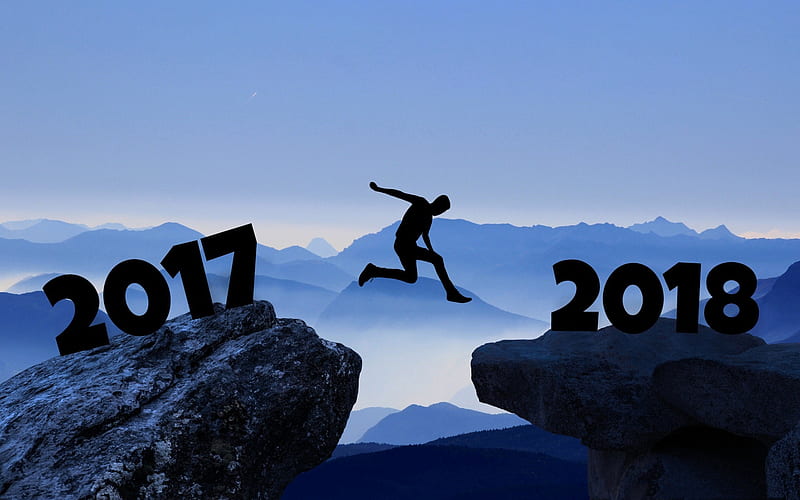 New Year, 2018 concepts, from 2017 to 2018, rocks, jump, HD wallpaper