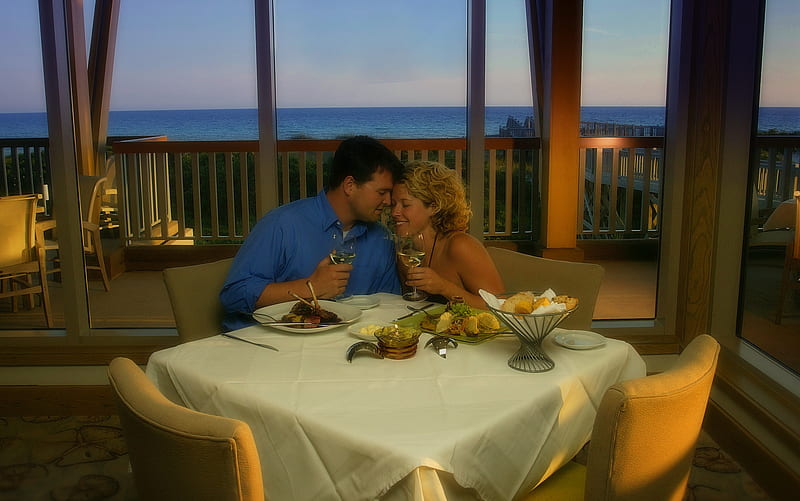 In Love, dinner, table, view, ocean, wine, glasses, two, love, couple, HD wallpaper