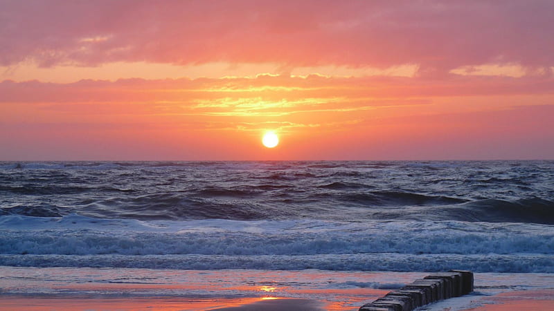 superb sunset, beach, sunset, waves, pylons, sea, HD wallpaper