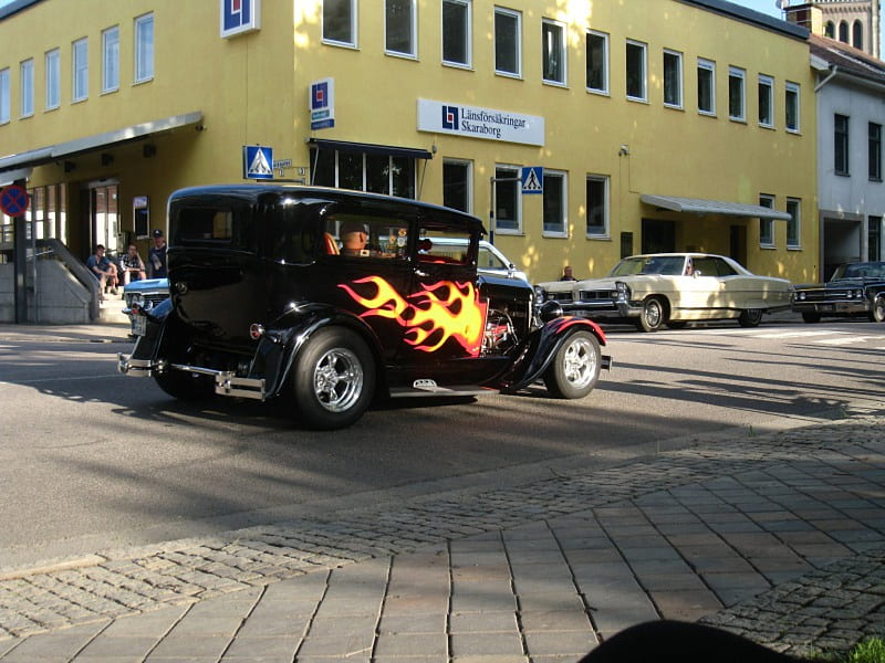 Power Meet Nossebro Sweden, building, hotrod, flames, town, car, crusing, street, HD wallpaper