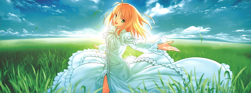 Saber, pretty, grass, green eyes, sweet, anime, beauty, anime girl, long hair, lovely, gown, blonde, sky, sexy, eautiful, happy, cute, field, scenic, dress, blond, bonito, elegant, fate stay night, green, hot, scenery, light, gorgeous, female, cloud, view, blonde hair, smile, blond hair, girl, scene, HD wallpaper