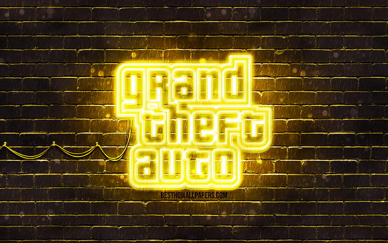 GTA yellow logo yellow brickwall, Grand Theft Auto, GTA logo, GTA neon logo, GTA, Grand Theft Auto logo, HD wallpaper