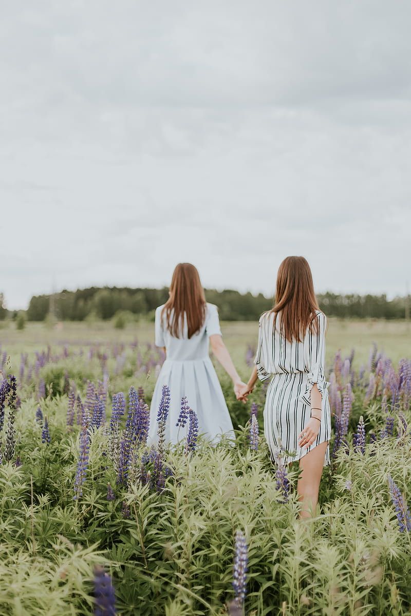 two women surrounded by lavender under nimbus clouds, HD phone wallpaper