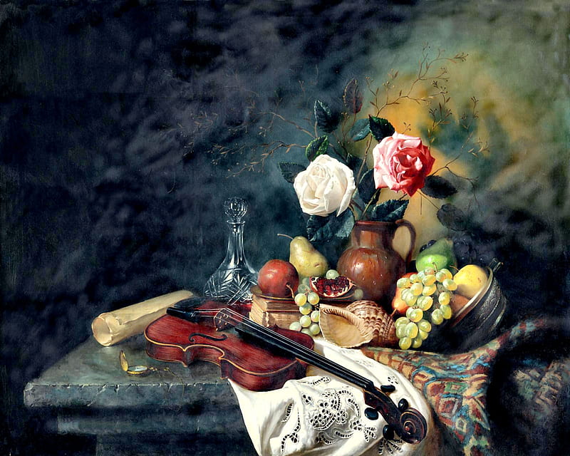 Roses, Fruit and Violin Still Life, rose, bonito, artwork, floral, grapes, fruit, watch, love, painting, wide screen, beauty, art, apple, pear, violin, romance, flower, musical instrument, HD wallpaper