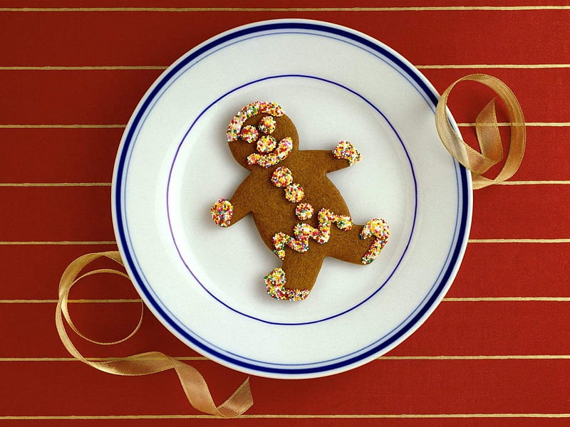 Gingerbread man, Christmas, Red, Man, Plate, Gingerbread, Sweets, HD wallpaper