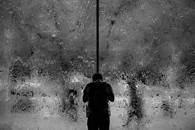 man standing on glass wall with pouring water, HD wallpaper