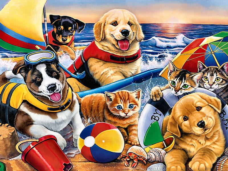 Beach Party F, beach ball, art, bonito, waves, pets, artwork, canine, pail, animal, beach, feline, sand, painting, wide screen, cats, dogs, HD wallpaper
