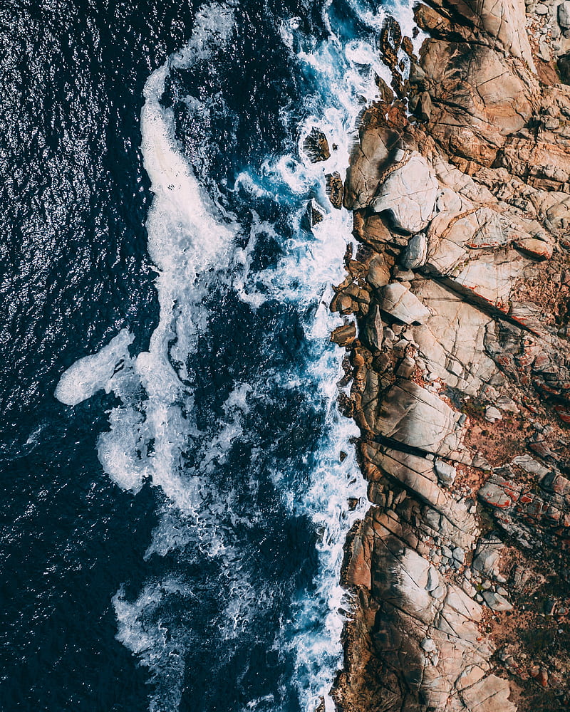 ocean, waves, aerial view, stones, surf, foam, HD phone wallpaper