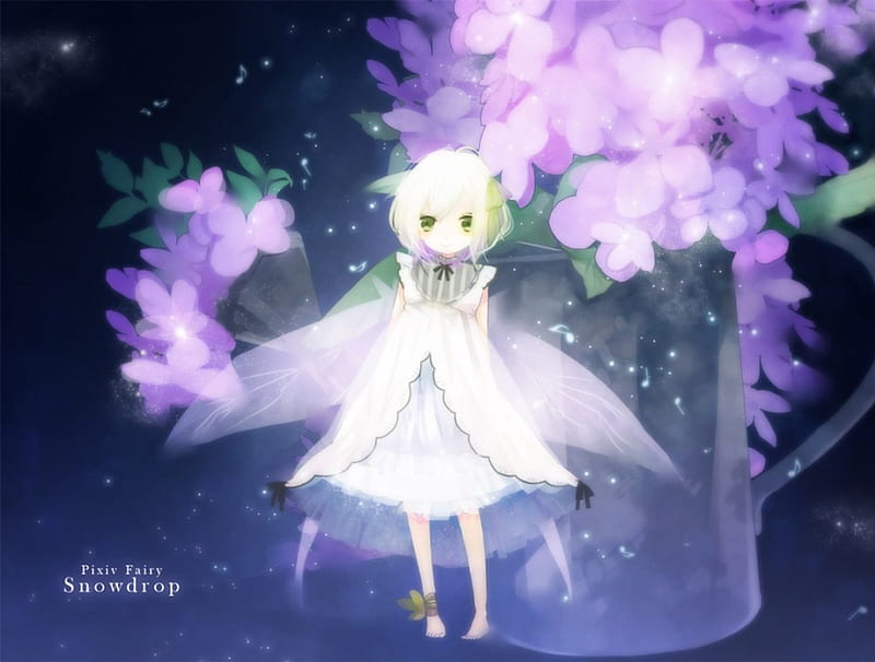 Soft Fairy, pretty, dress, glow, white hair, bonito, sweet, anime, gris, flowers, beauty, art, female, wings, lovely, soft, sparkles, short hair, cute, girl, purple, fairy wings, cup, lady, white, HD wallpaper