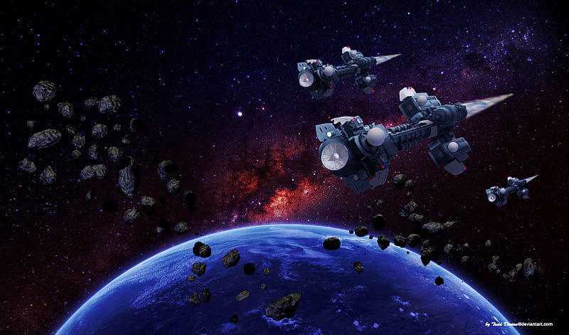 Earth Space Fleet, orbit earths orbit, spaceships, asteroids, Space, view from space, HD wallpaper