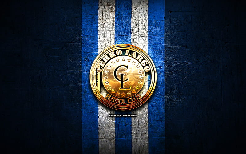 Cerro Largo FC, golden logo, Uruguayan Primera Division, blue metal background, football, Cerro Largo, Uruguayan football club, Cerro Largo logo, soccer, Uruguay, HD wallpaper