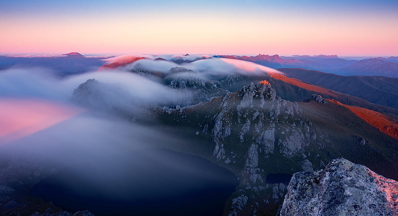 Evening mist, Southwest National Park, Australia, sunrise, sky, trees, mountains, colors, HD wallpaper