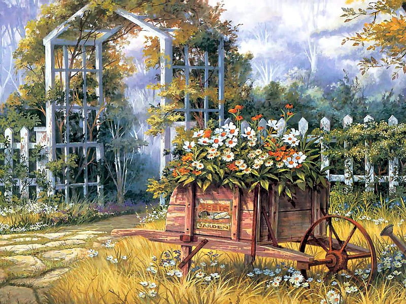 FLOWERS IN A WAGON, ARCHWAY, WAGON, WOODEN, FLOWERS, WHEEL, PAINTING, HD wallpaper