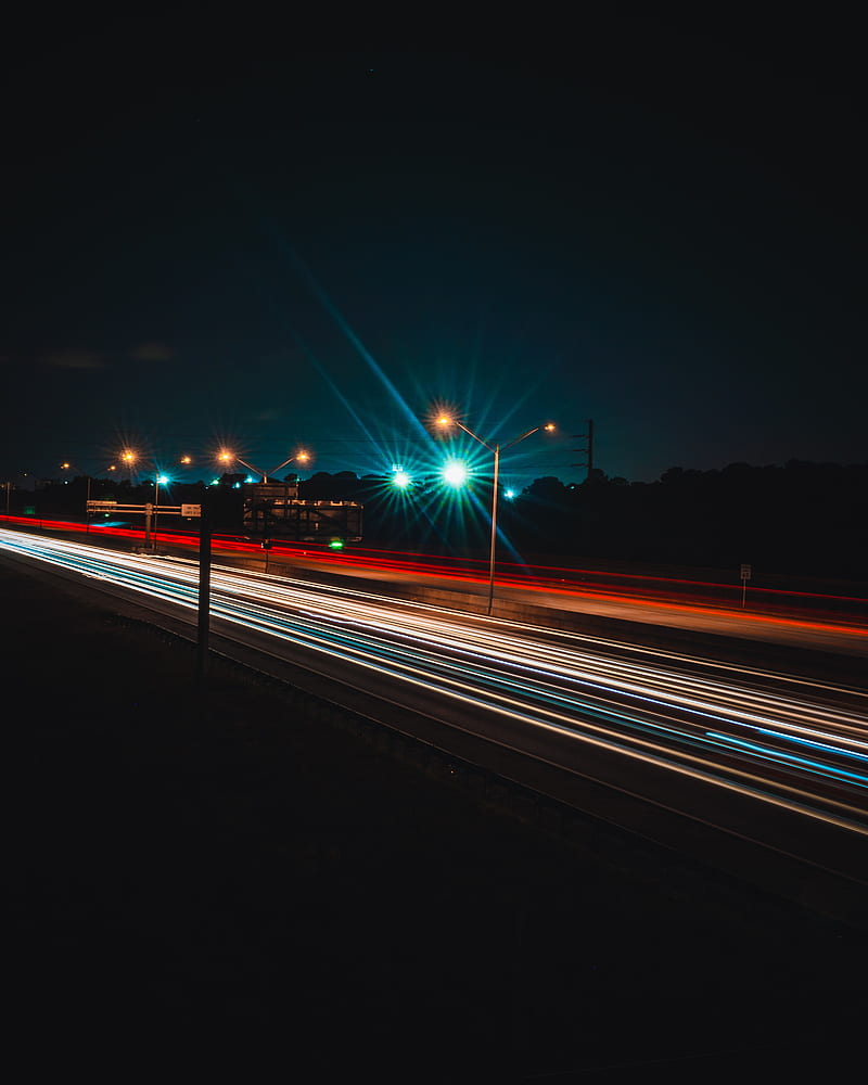 road, lights, glow, long exposure, HD phone wallpaper