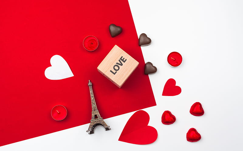 Love concepts, Paris, romance, heart concepts, chocolates, red romantic background, HD wallpaper