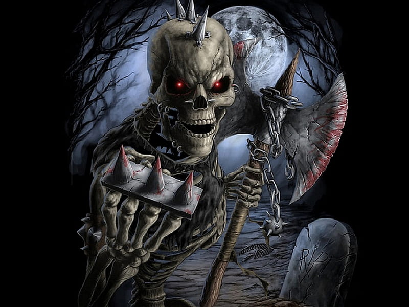  Guerrero esqueleto, esqueleto, luna, plumero, árboles, tumba, hacha, ojos rojos, Fondo de pantalla HD
