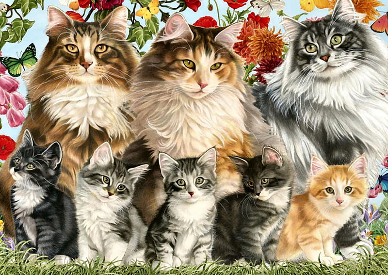 Cat Family F, art, kittens, bonito, cat, artwork, animal, pet, feline, painting, wide screen, HD wallpaper