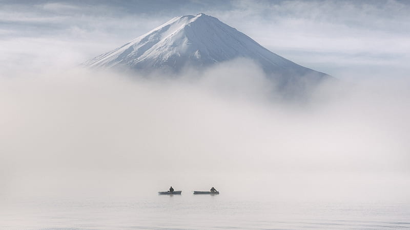 Yamanashi Prefecture, mountain, japan, japanese, nature, scenery, lake, fuji, mist, HD wallpaper