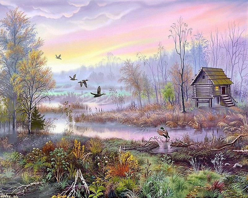 duck cabin, cabin, lake, forest, hunting, painting, ducks, HD wallpaper