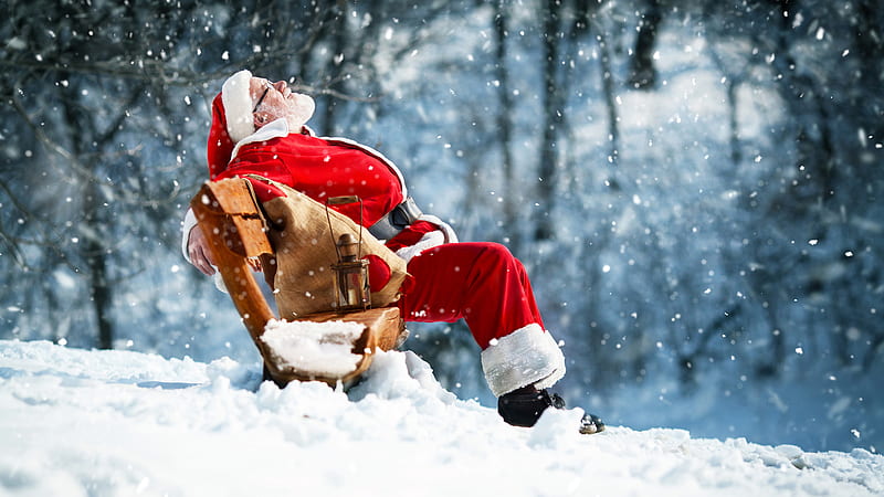 Santa Claus Is Sitting On Bench During Snow Falling Christmas, HD wallpaper