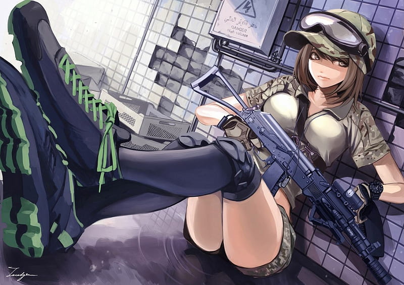 Water Front, pretty cg, pants, bonito, sweet, nice, gun, anime, hot, beauty, anime girl, shirt, female, lovely, blouse, sexy, short hair, girl, awesome, sinister, HD wallpaper