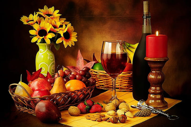 ️, Sunflowers, Bottle, Apples, Candle, Wine, HD wallpaper