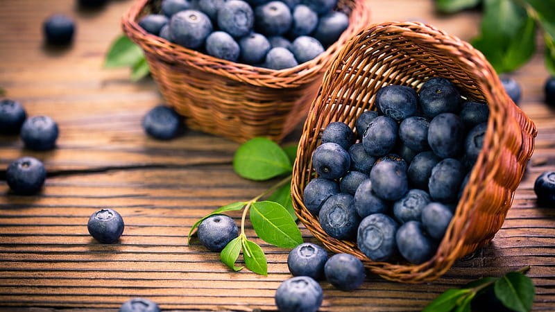 Blueberries, fruit, wood, basket, blueberry, HD wallpaper