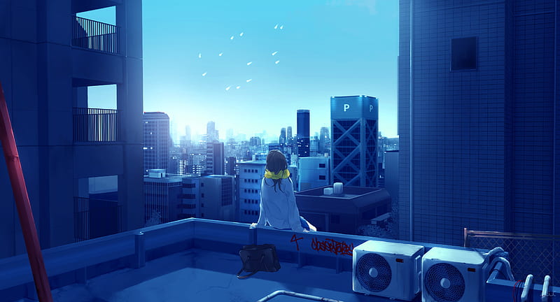 Lonely anime girl, blue, city, cityscape, depression, dramatic, pretty, roof, HD wallpaper