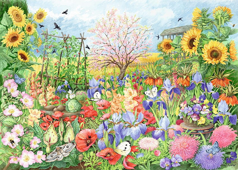 The Sunflower Garden, sun, bonito, flowers, gardens, jigsaw, puzzle, HD wallpaper